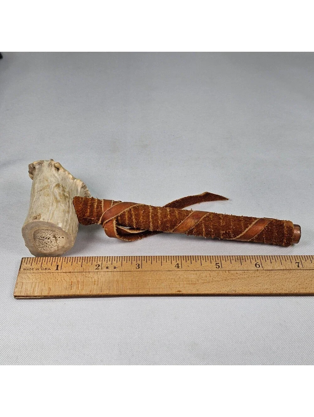 Handmade Antler Peace Pipe Leather Wrapped Stem Copper Tip Rustic 7in New